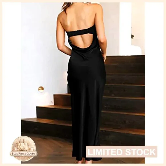 evening dresses for tall ladies Ruched Backless Halter Long Prom Dress with Slit Navy / Large main image 0